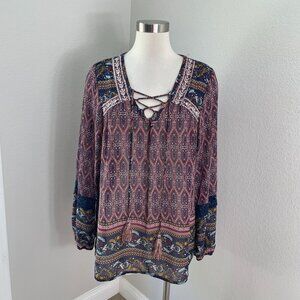Knox Rose Womens Plus XXL Boho Tassel Lace Up Blouse Embroidered Long Sleeve Top